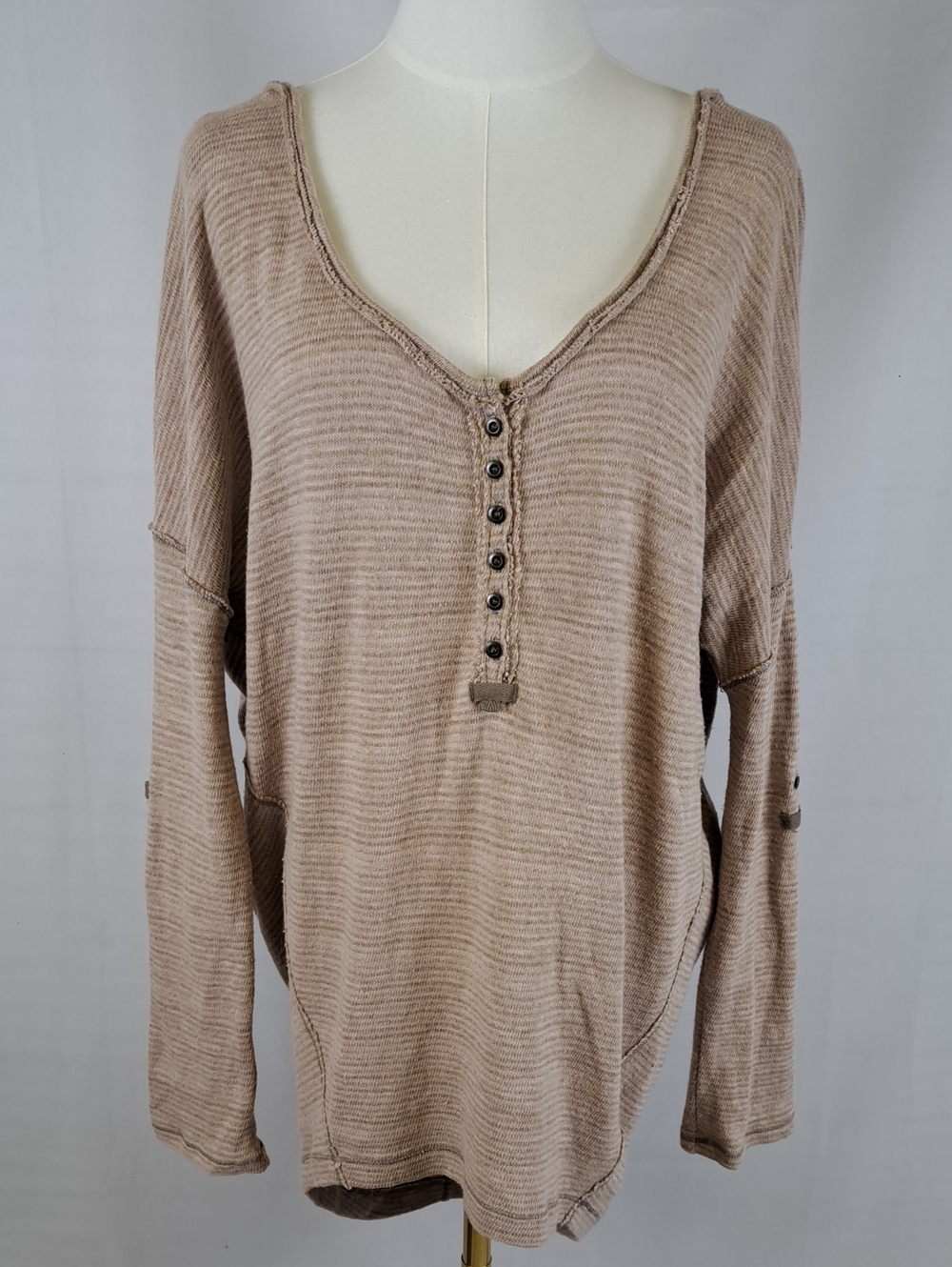 Free People "We The Free" Taupe Stripe Art School Waffle Knit Henley Top Boho S